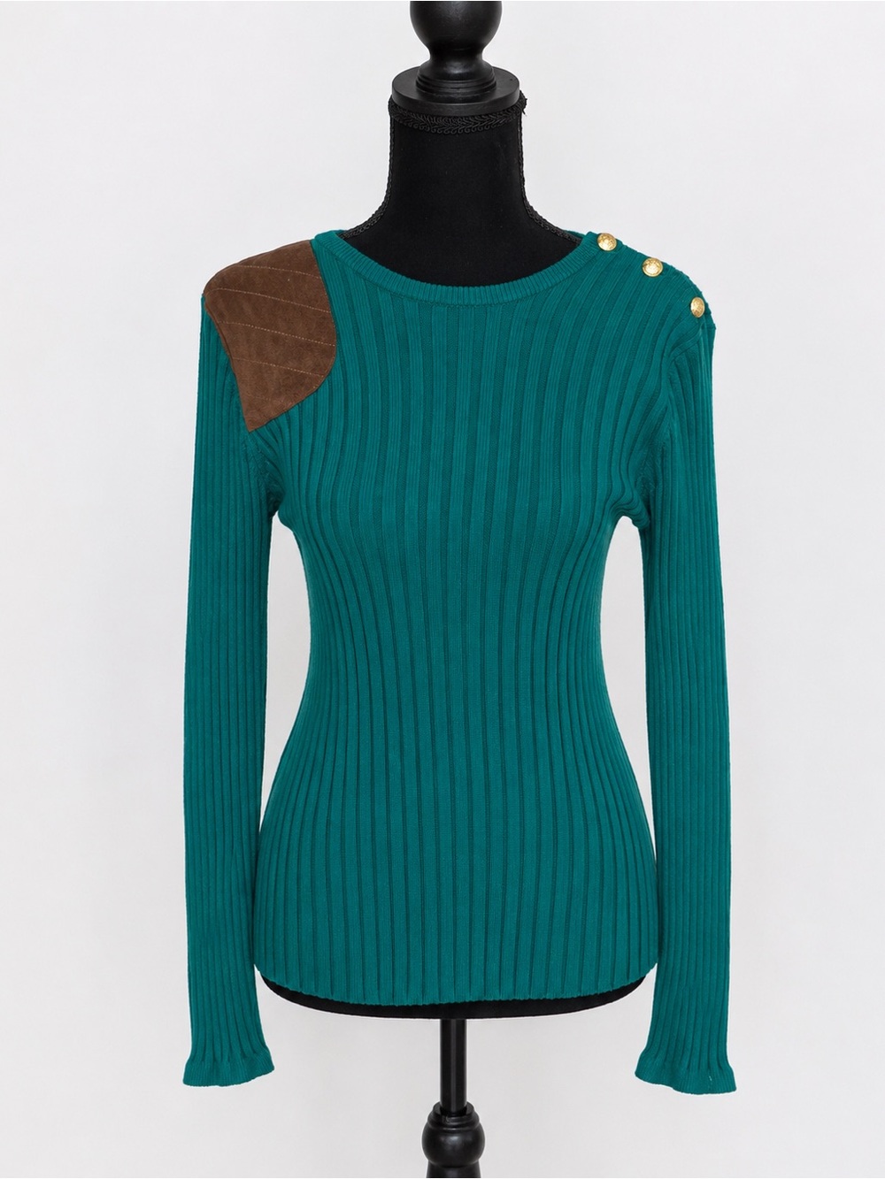 Lauren Ralph Lauren Teal Ribbed Cotton Blend Sweater Gold Buttons Medium - Picture 4 of 8